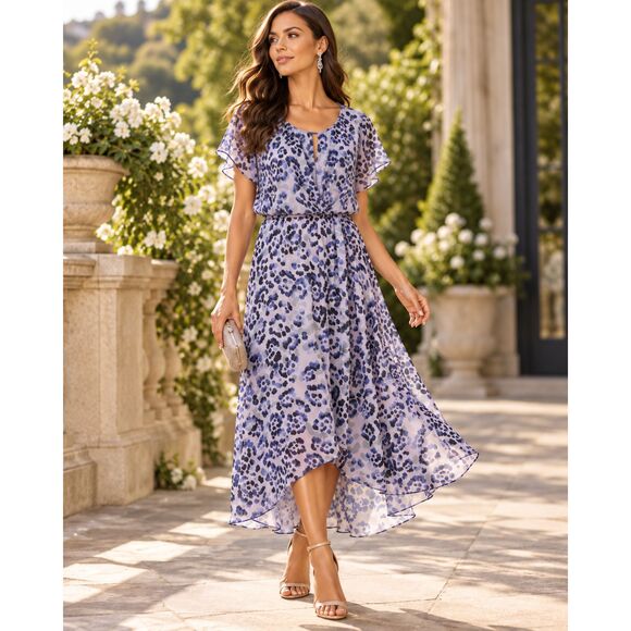Adrianna Papell Dresses & Skirts - Adrianna Papell Blue Leopard Print Chiffon High Low Maxi Dress 18W XL